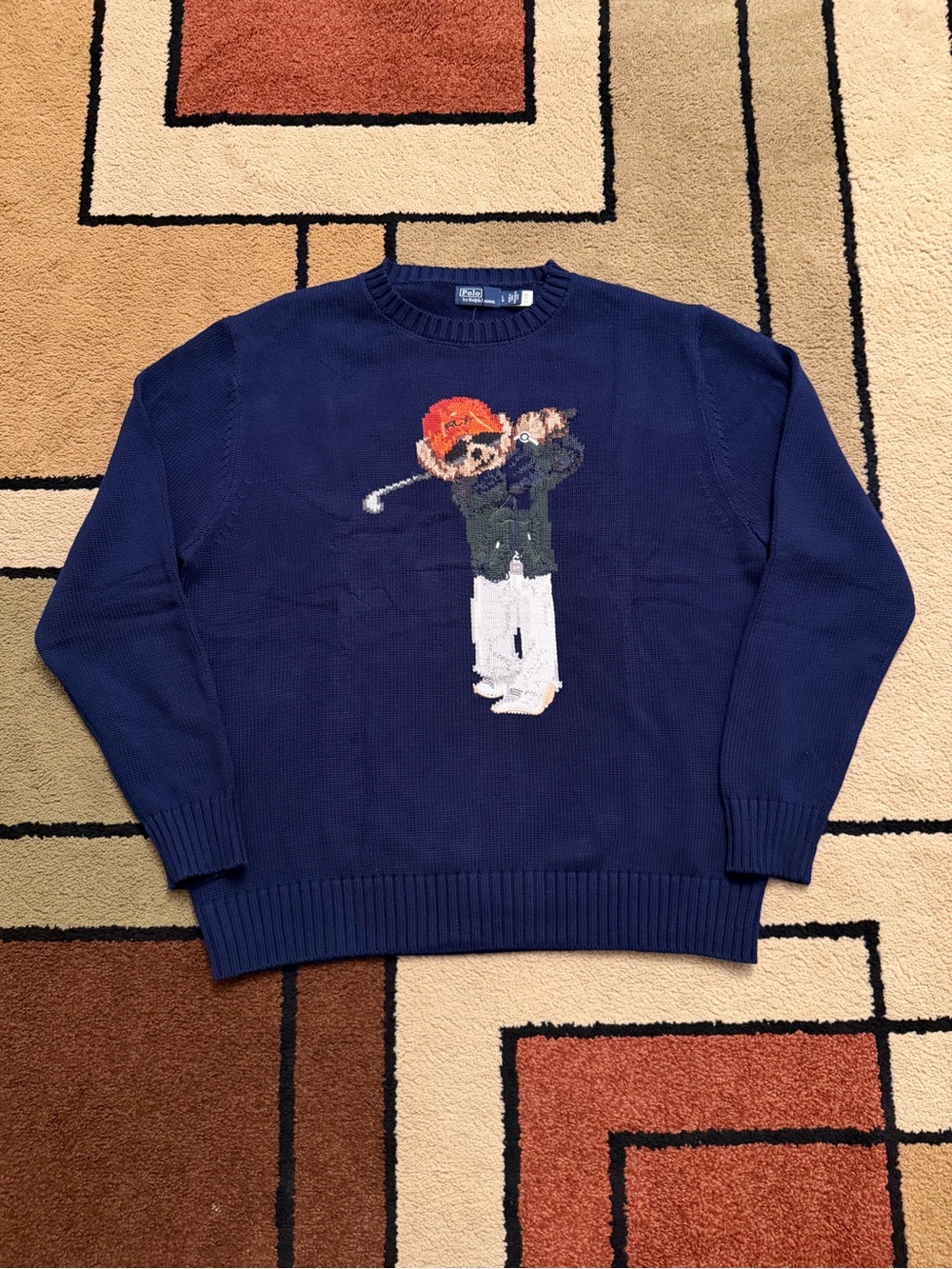 Ralph Lauren Navy Crewneck Sweater with Golf Bear Intarsia
